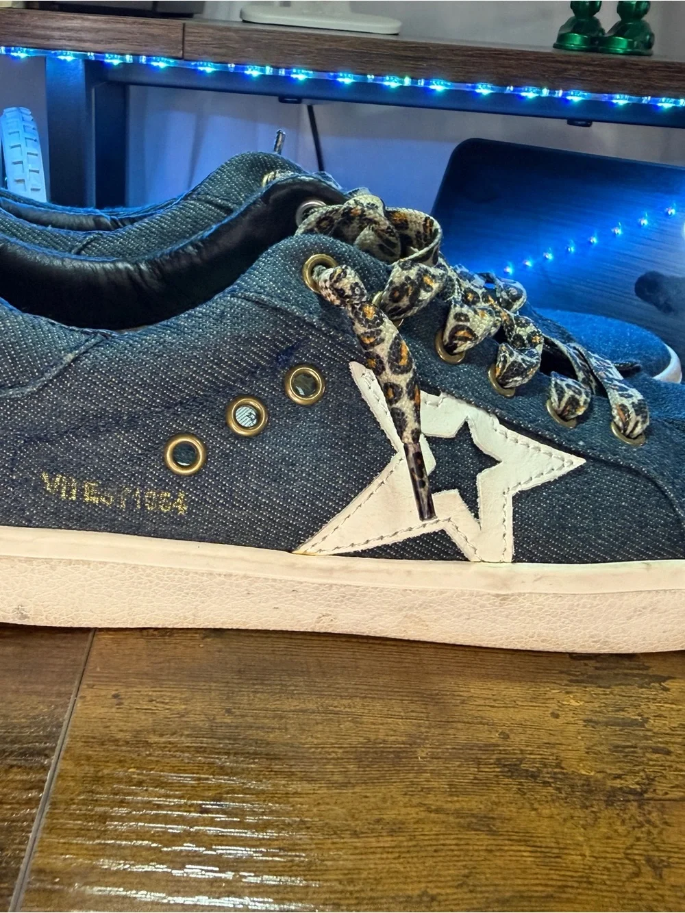 Vintage Denim Star Sneakers with Leopard Laces